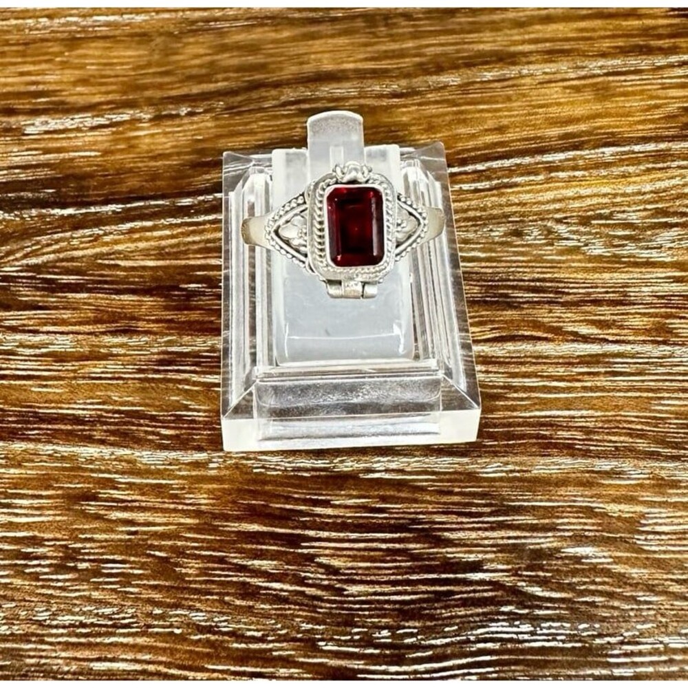 Sterling Silver Garnet Poison Pillbox Ring Sz 9